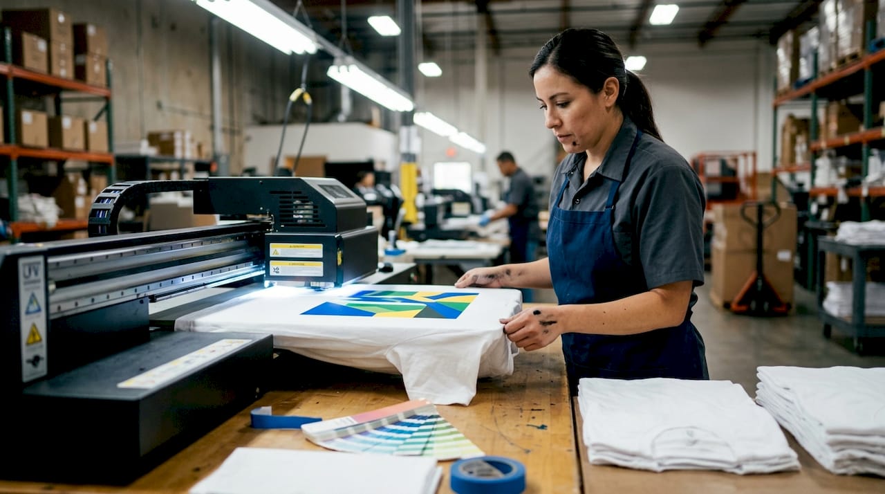 Technician using UV printer for apparel printing