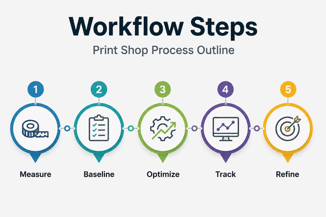 Vertical infographic showing print shop workflow steps