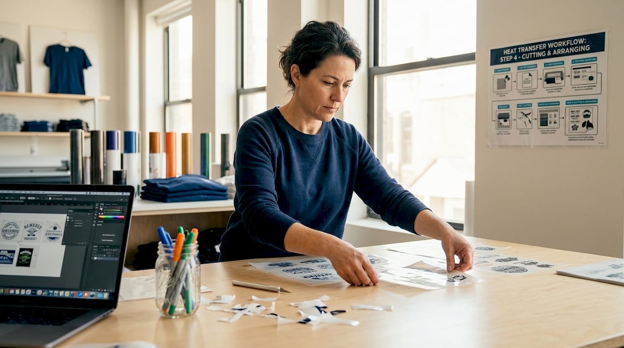 Apparel worker organizing gang sheet transfers