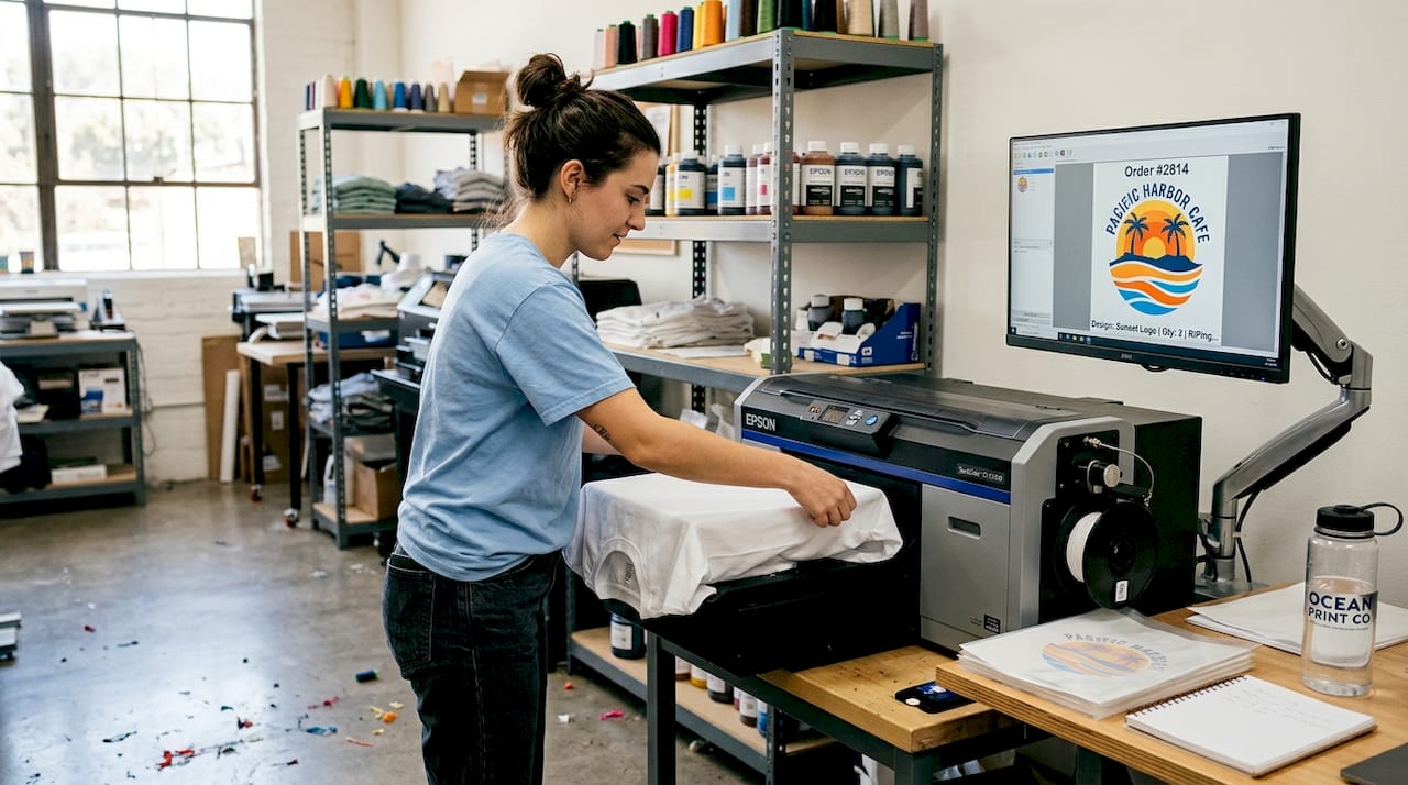 Direct-to-garment printing in small shop