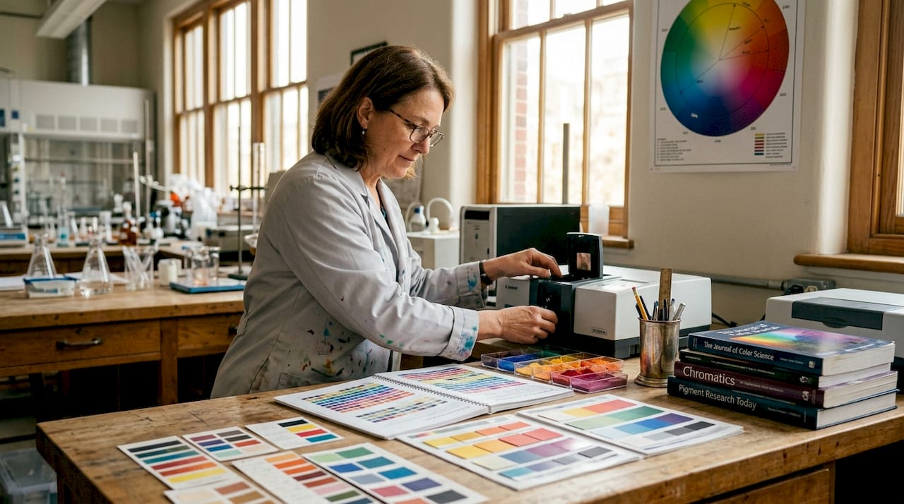 Scientist calibrating spectrometer for color vibrancy