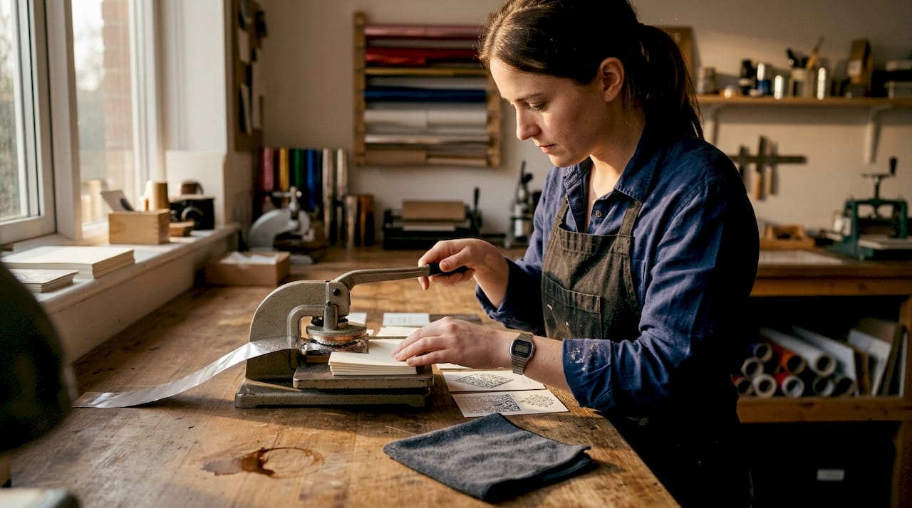 Specialist applying foil embossing to luxury cards
