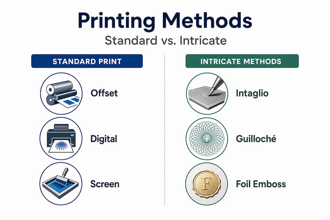 Infographic comparing standard and intricate print methods