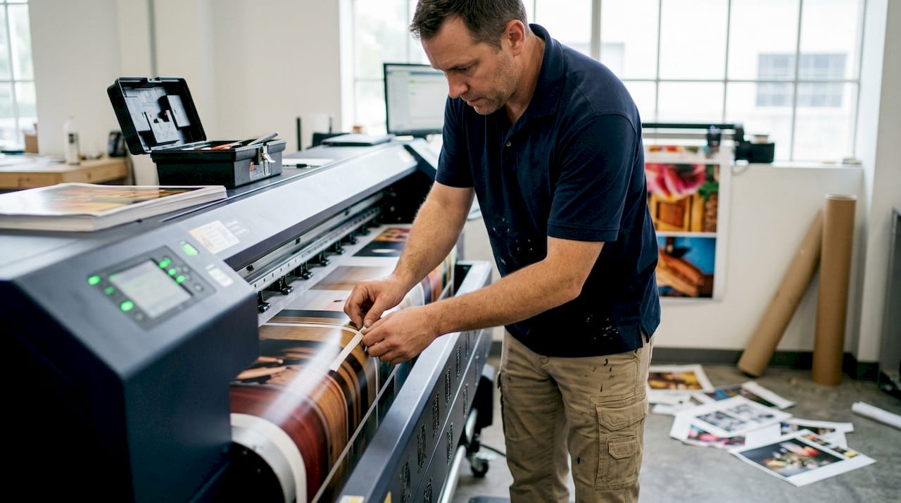Print shop operator checking large format roll