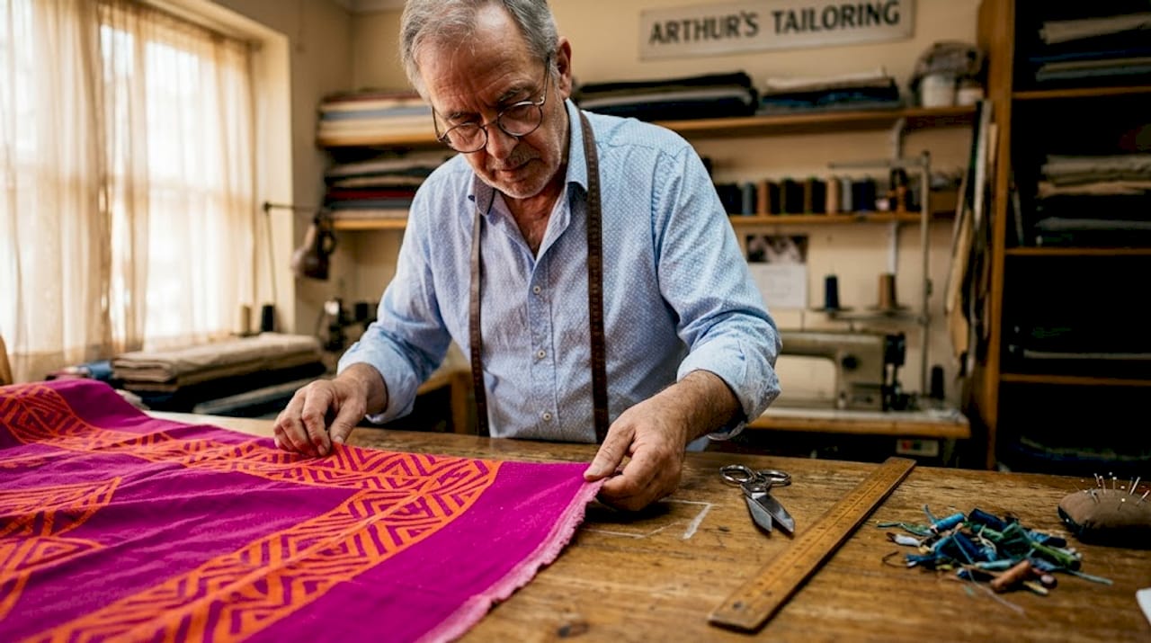 Vibrant magenta fabric with bold print in shop