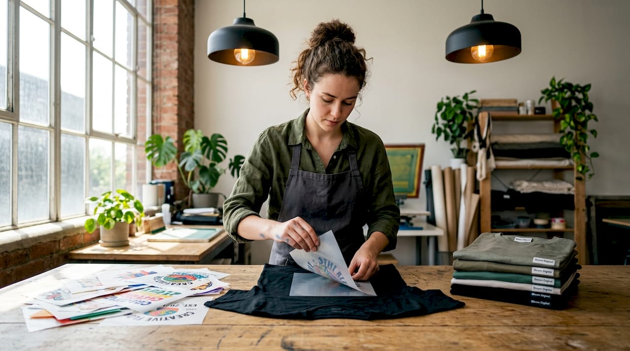 Designer applying DTF transfer to T-shirt