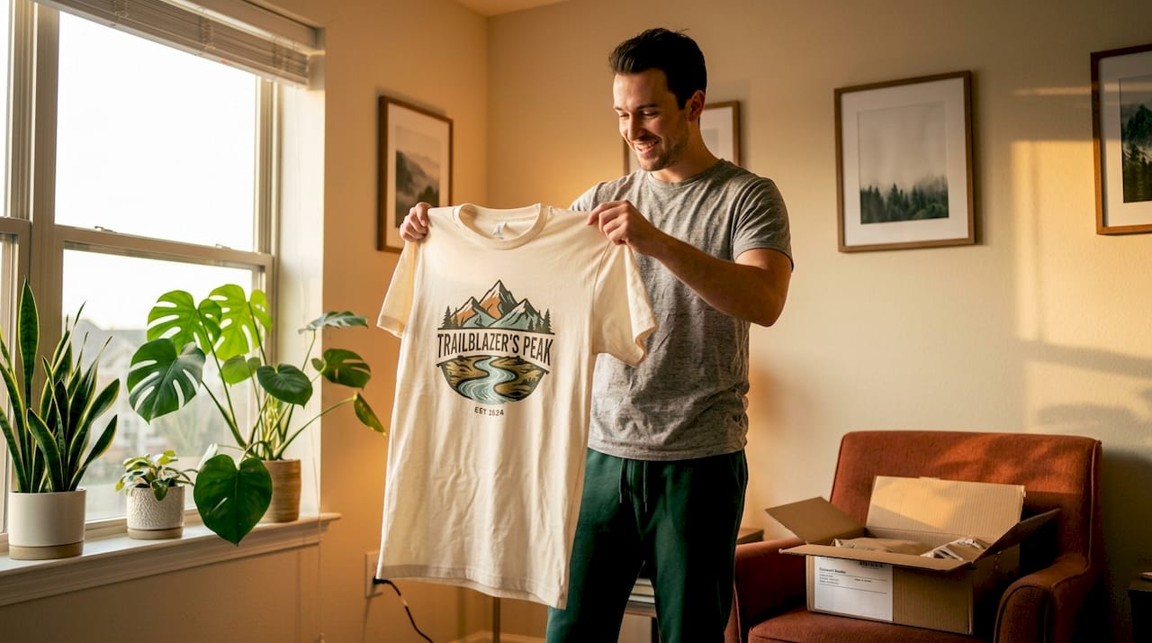 Customer examining personalized t-shirt at home