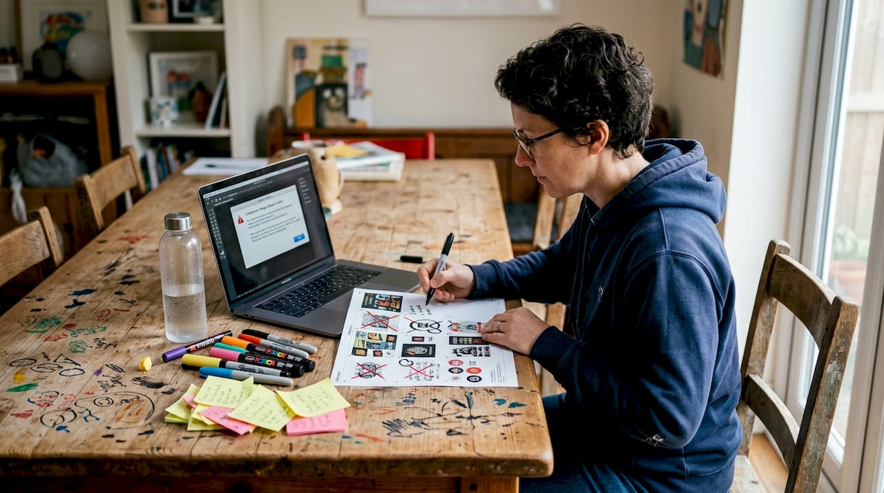 Designer troubleshooting gang sheet print error at kitchen table