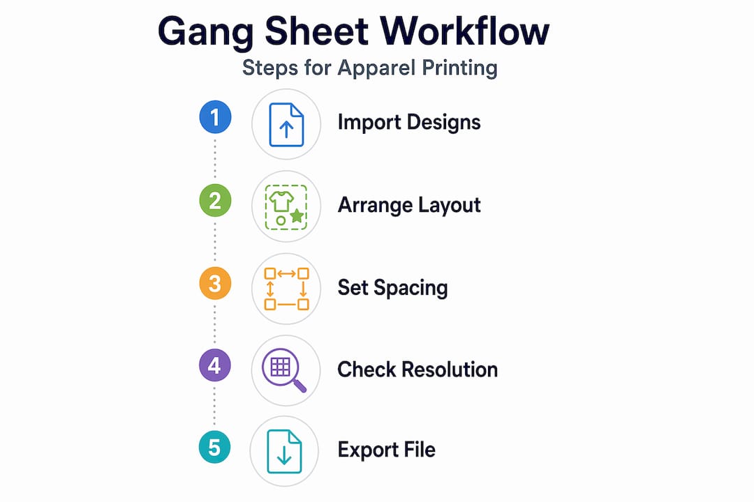 Infographic showing gang sheet creation steps for apparel