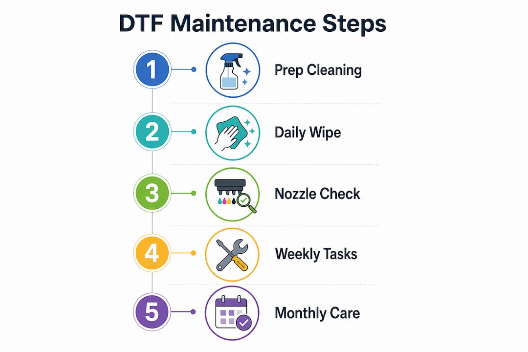 Infographic showing daily to monthly DTF maintenance steps