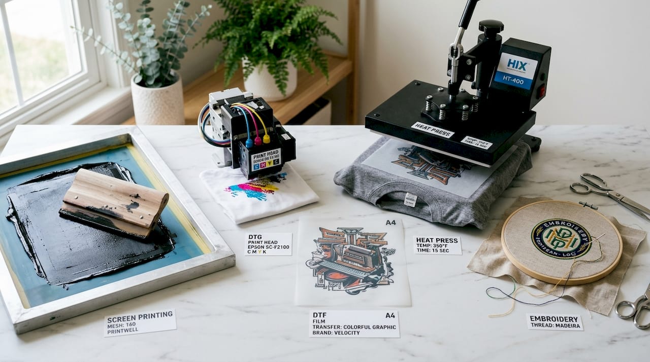 Flat lay of five apparel printing tools