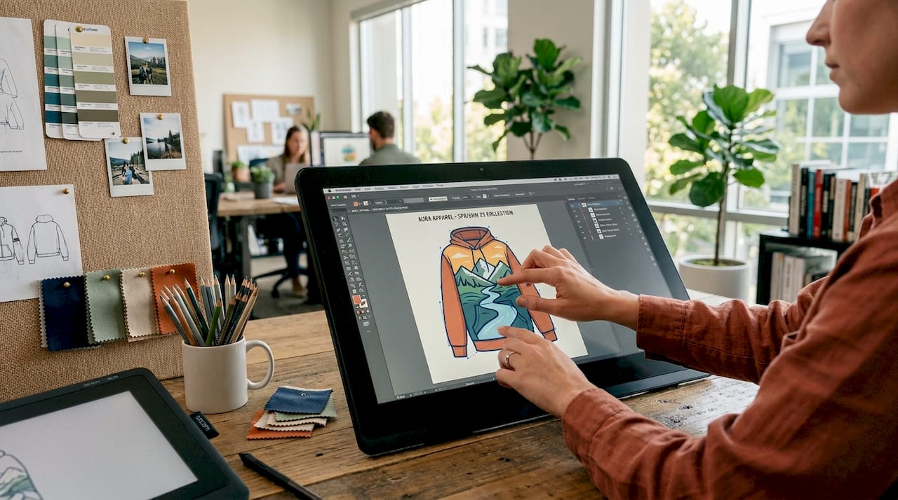 Hands editing vector artwork on touchscreen at design studio