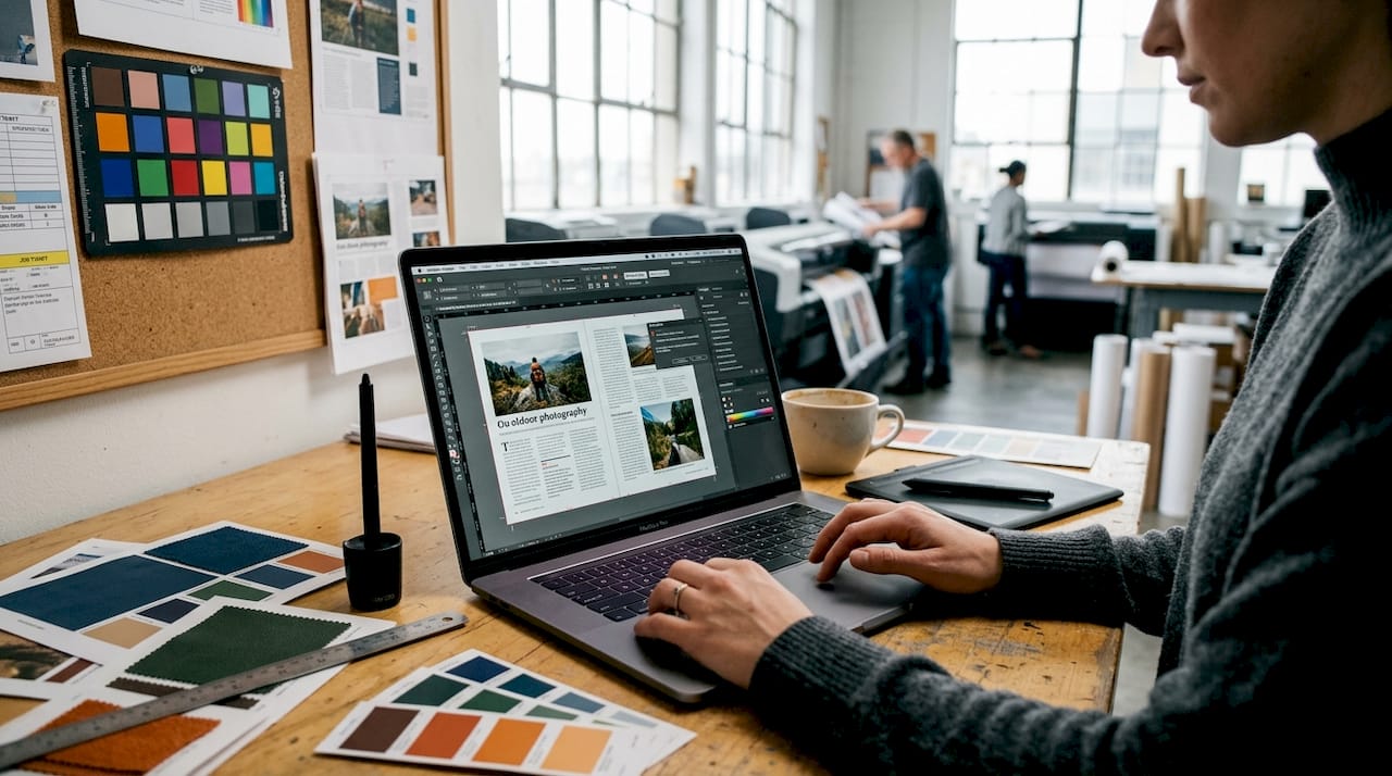 Hands verifying print layouts on laptop screen