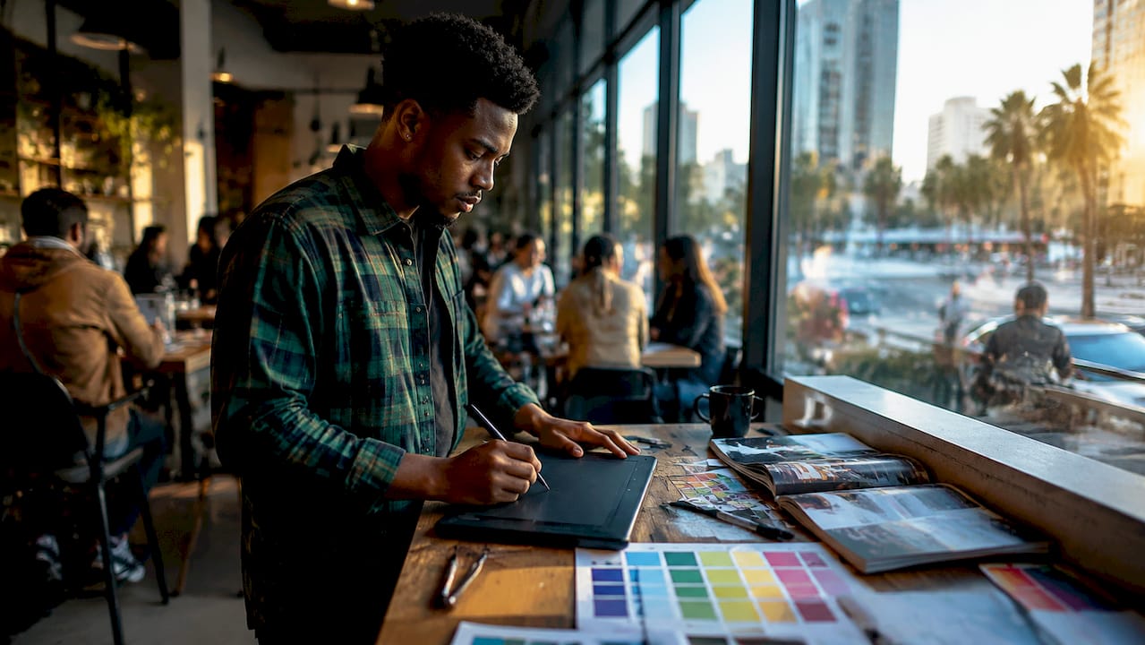 Hands preparing design files with tablet
