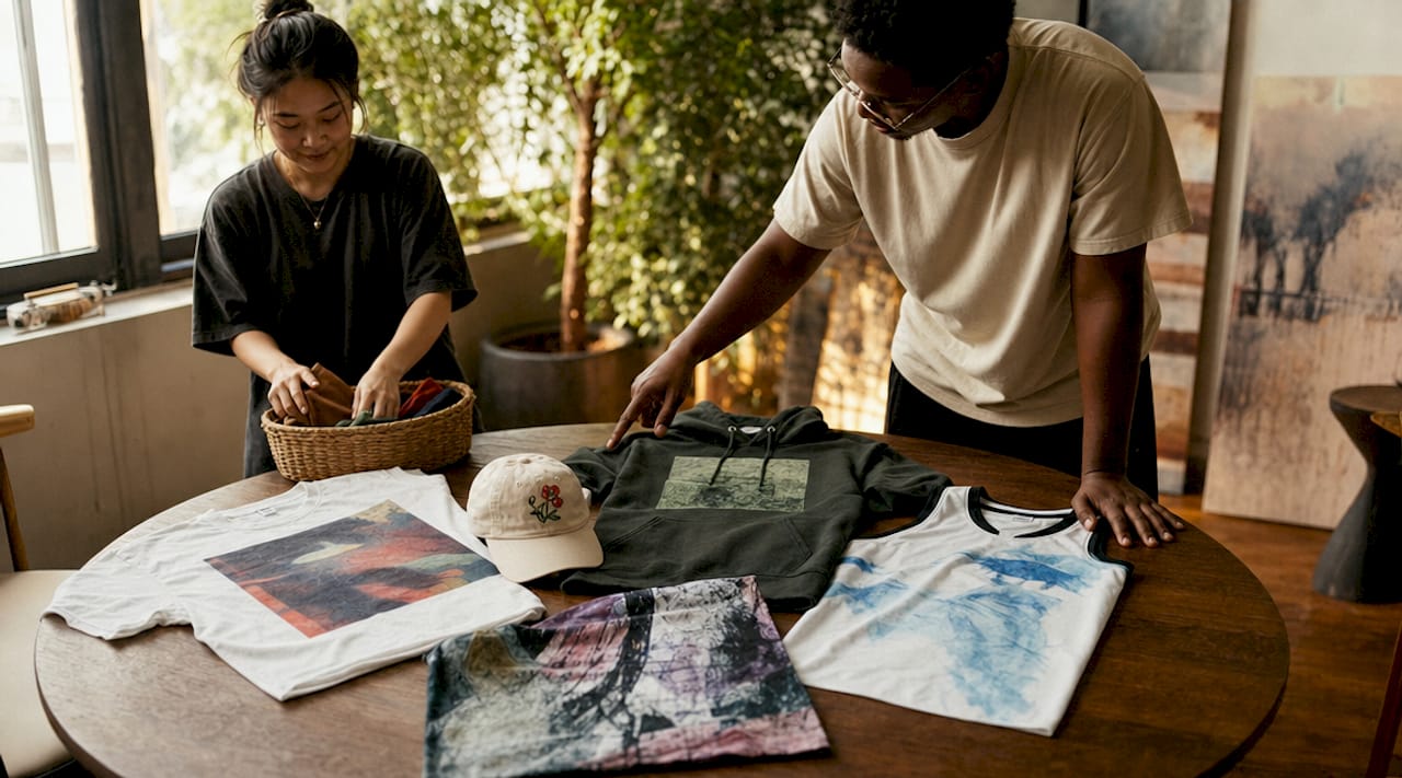 Overhead view of different apparel decoration method samples