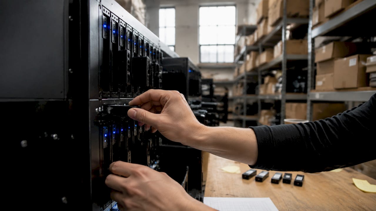 Hands loading USB drives into hot folder server