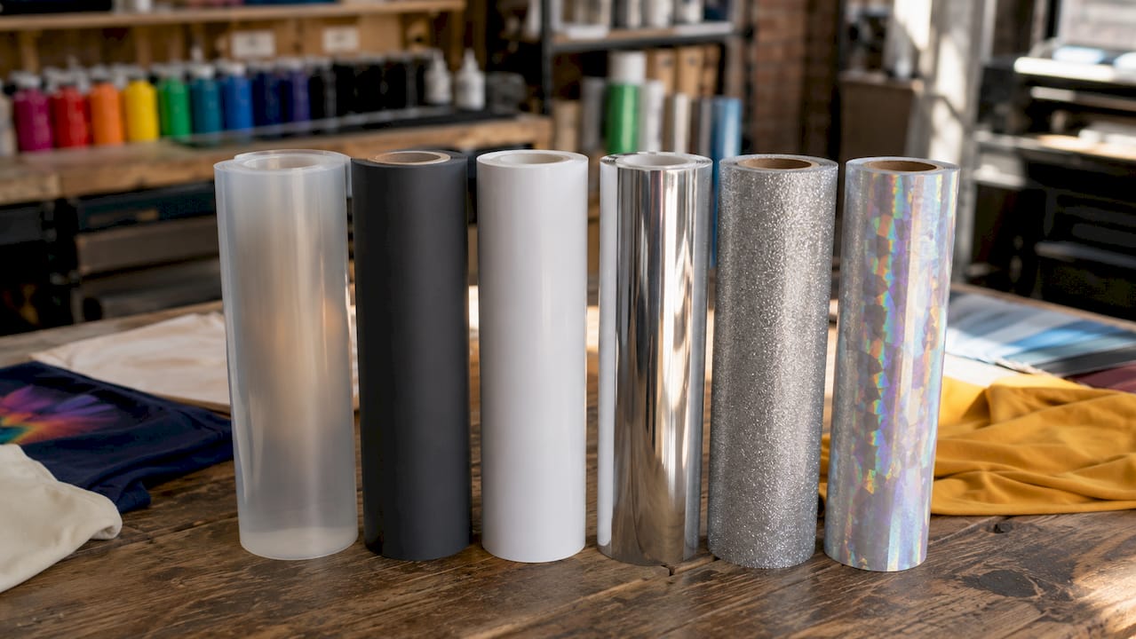 Variety of heat transfer film rolls on print shop counter