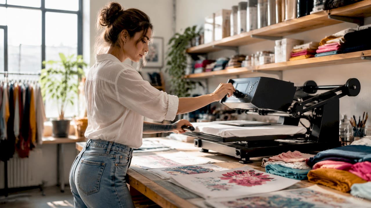 Hands adjusting digital heat press controls