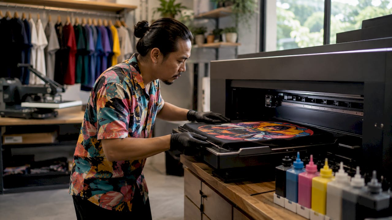 Technician preparing fabric with DTG printer