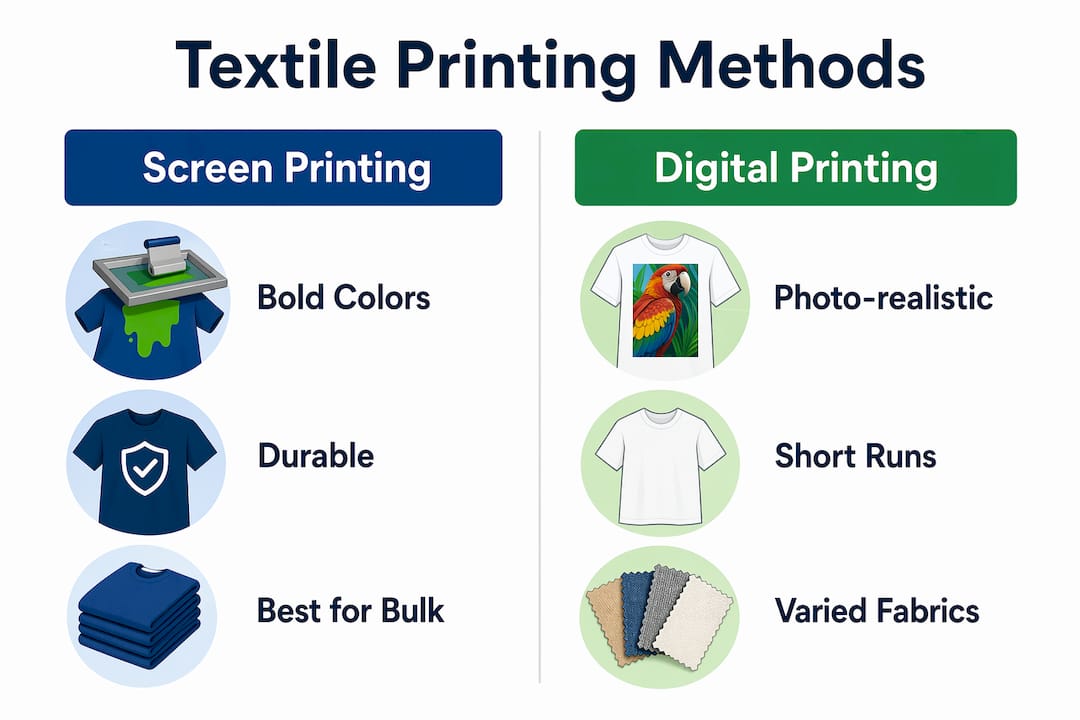 Infographic comparing screen and digital textile printing methods