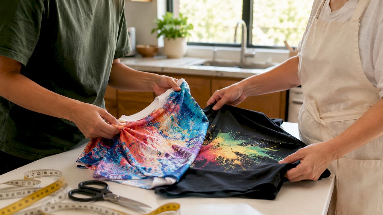 Hands comparing sublimation and DTF printed fabrics