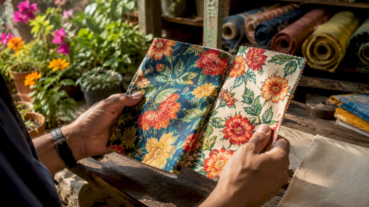 Close-up of hands comparing printed fabric swatches