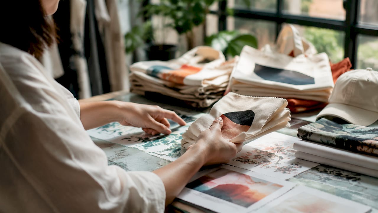 Hands comparing printing methods on fabric samples