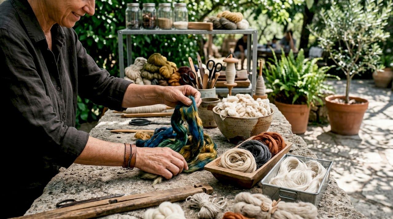 Hands sorting natural and synthetic fibers