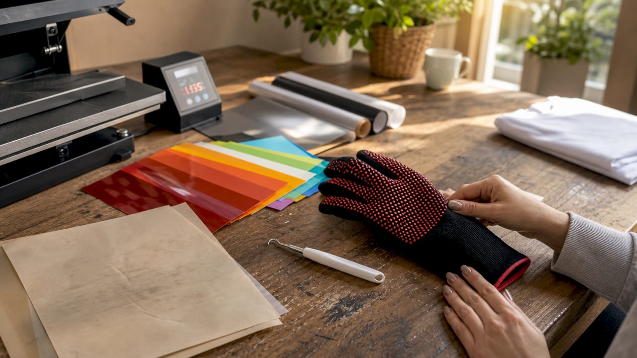Heat press accessories and tools on workbench overhead