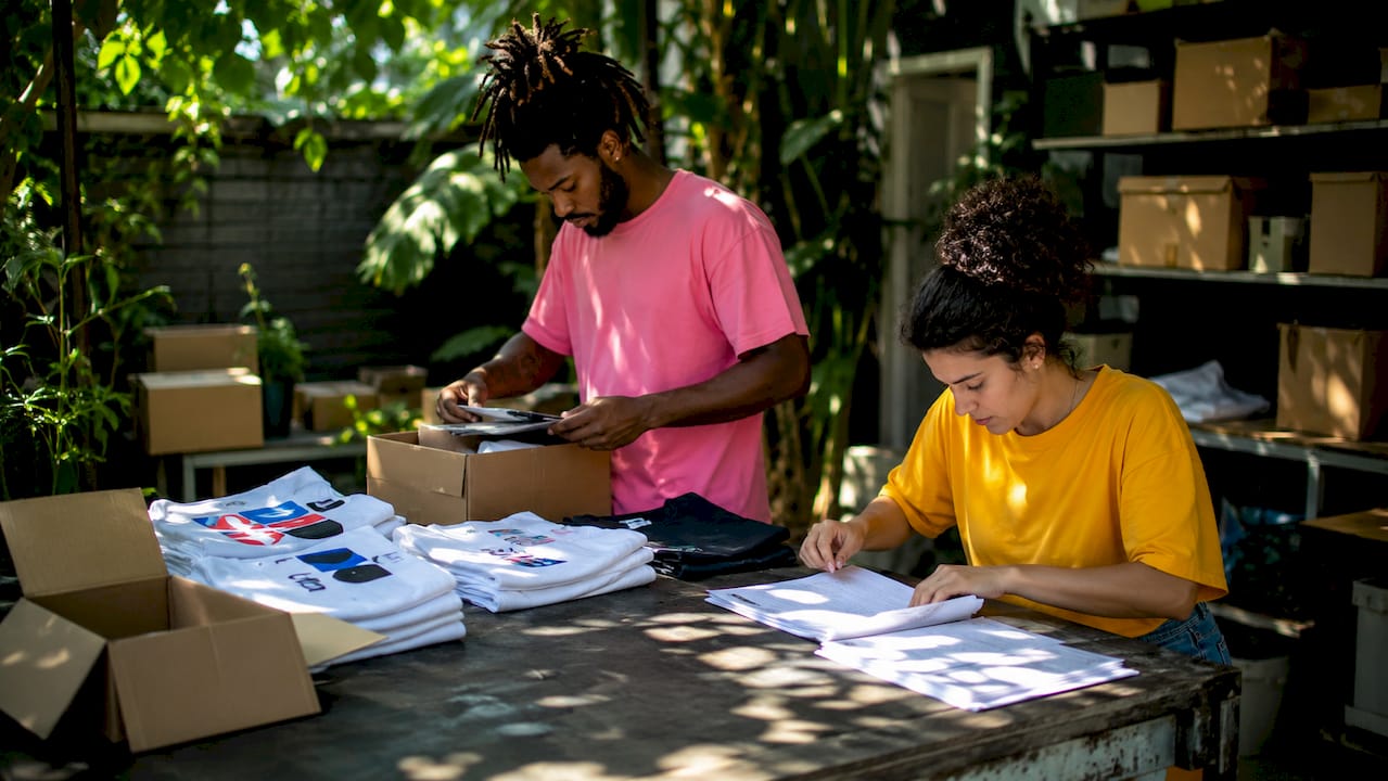 Hands packing apparel products for delivery