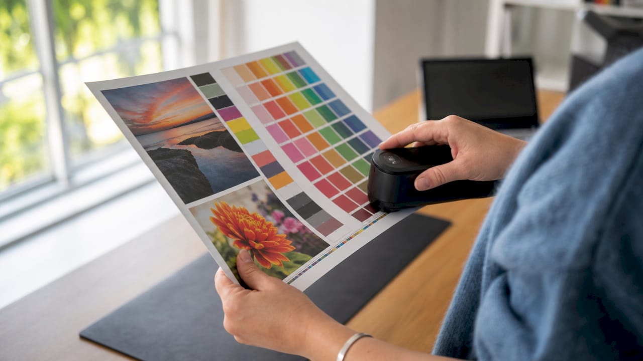 Hands checking print proof color with spectrophotometer