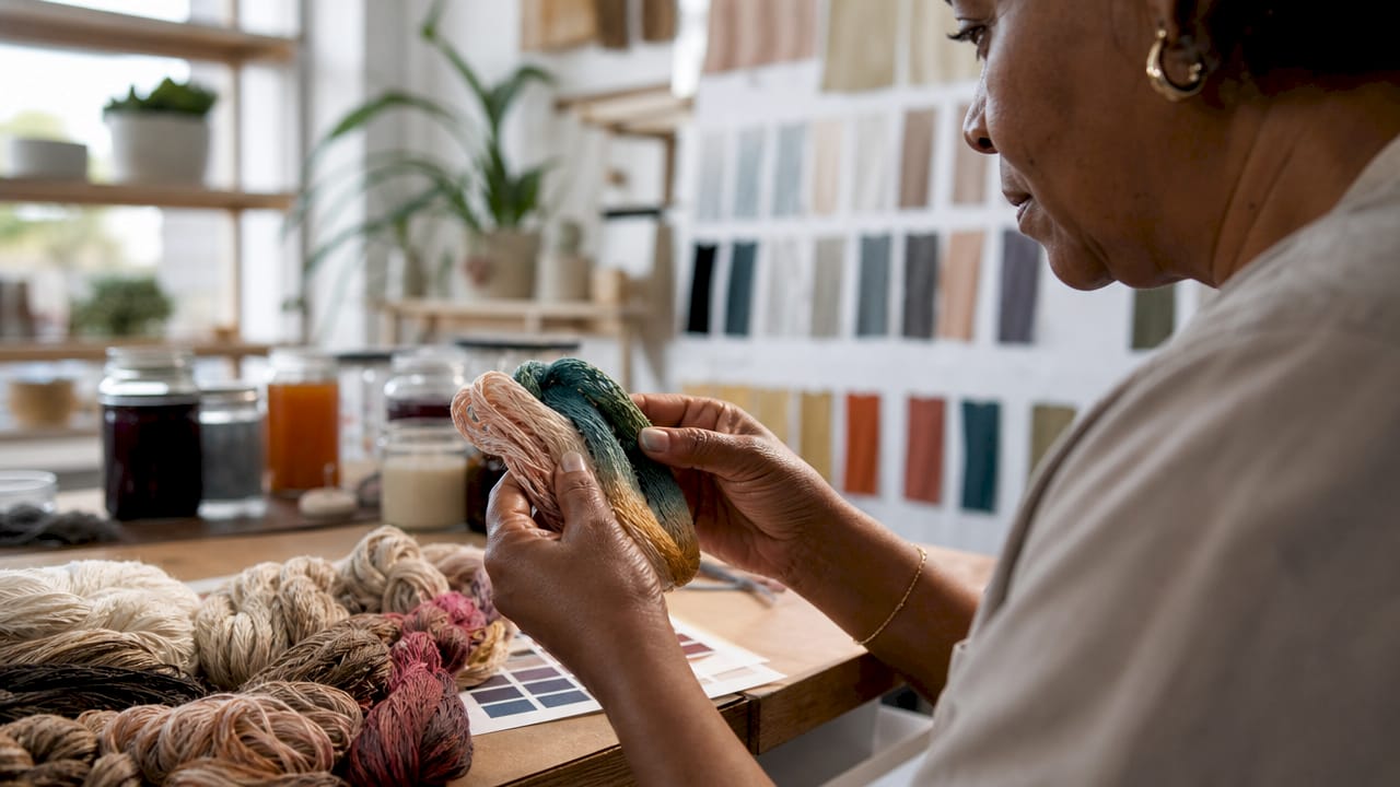 Close-up of hands holding different fiber yarn samples