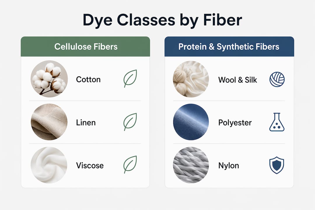 Infographic showing correct dye classes for fiber types