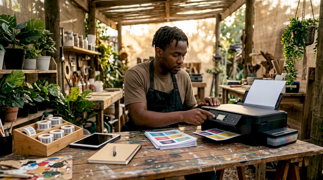 Small business owner managing print hardware and software in workshop