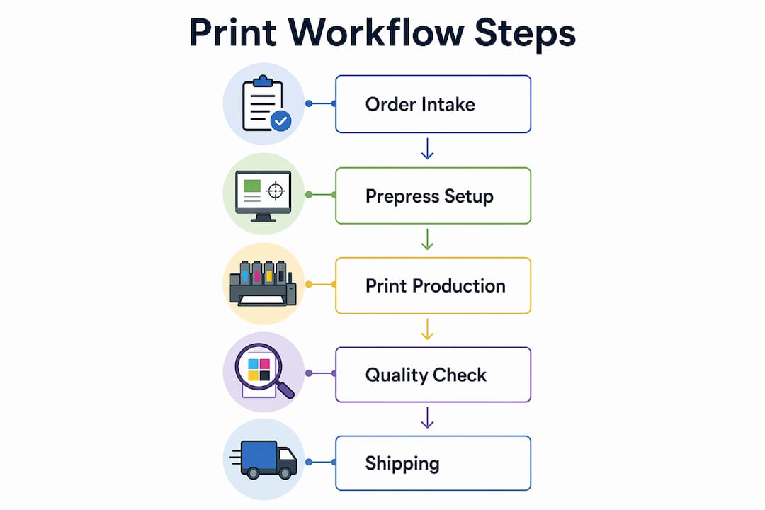 Infographic illustrating the five main printing workflow steps