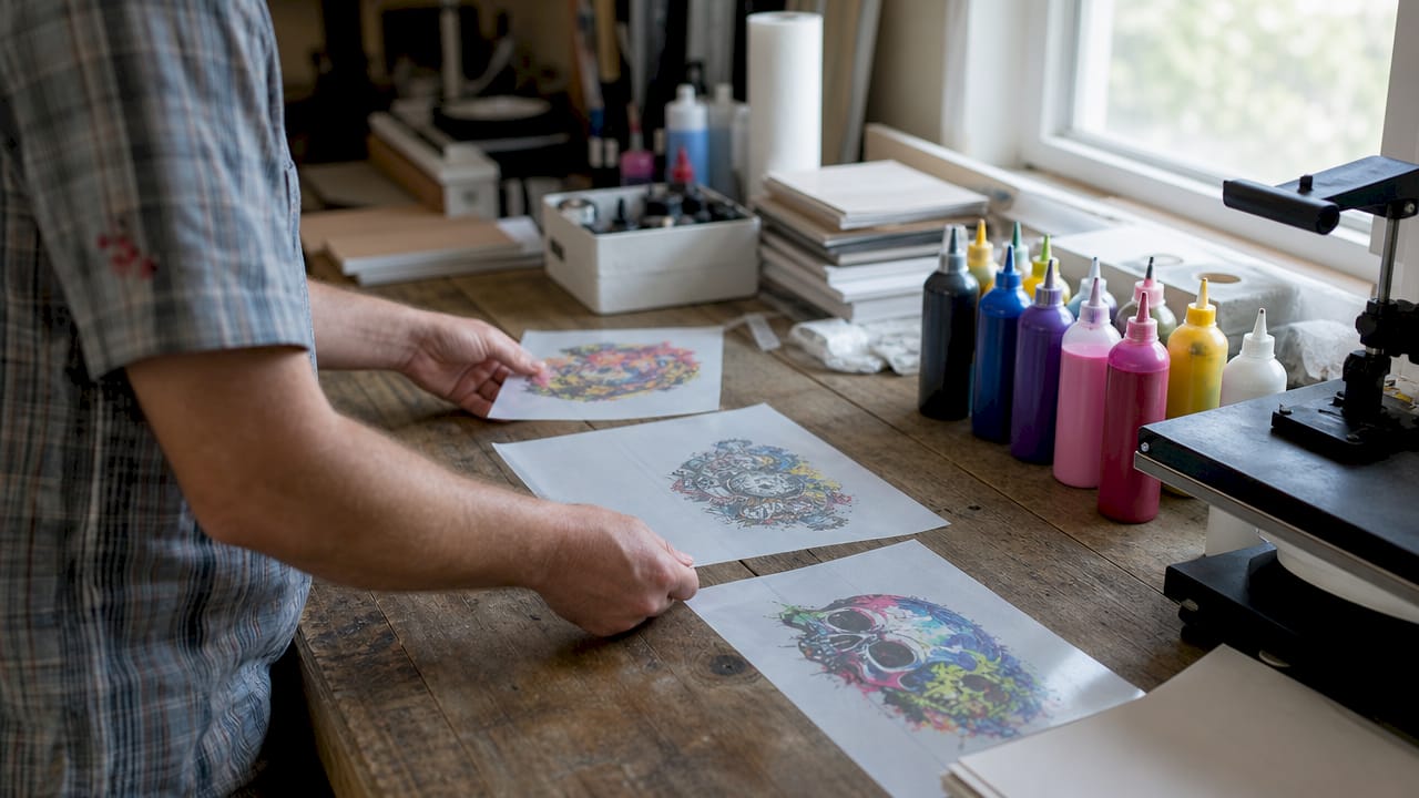 Hands testing DTF film peel types with ink bottles