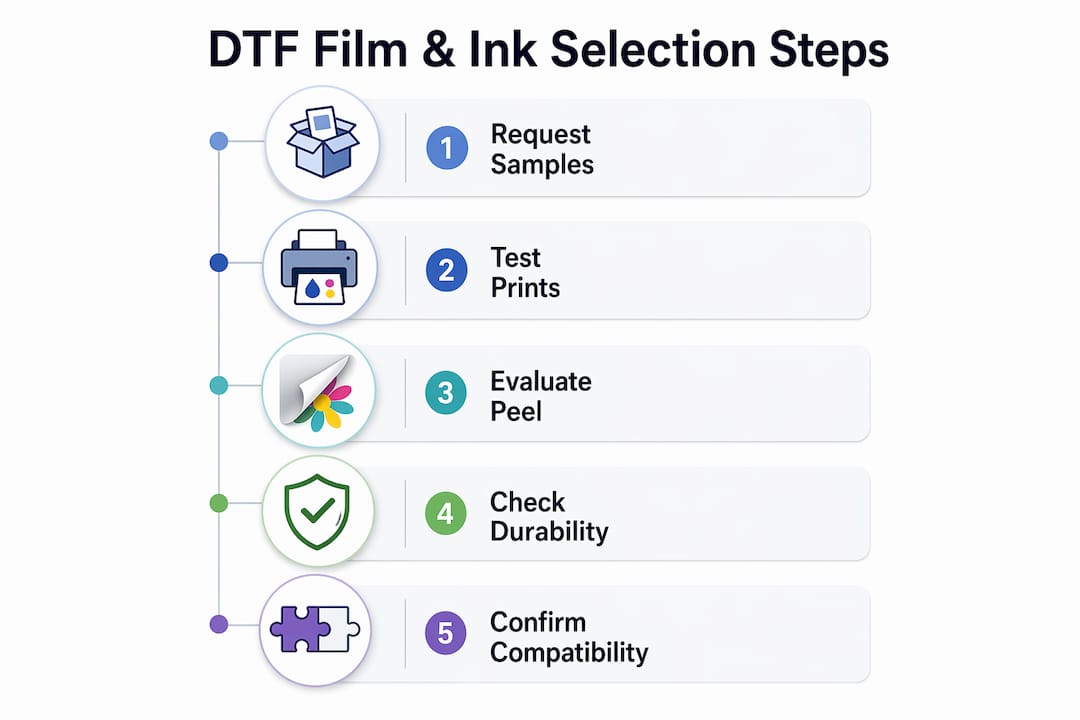 Infographic showing steps to select DTF film and ink
