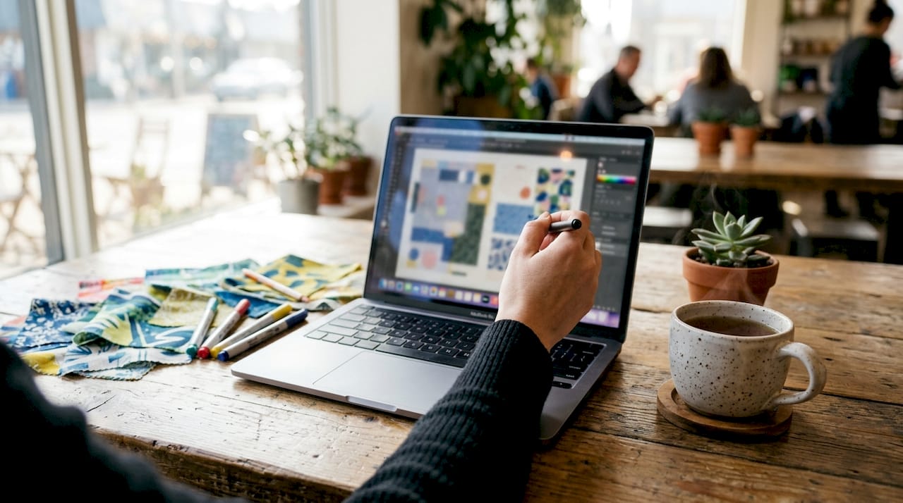 Designer working on fabric print design tablet