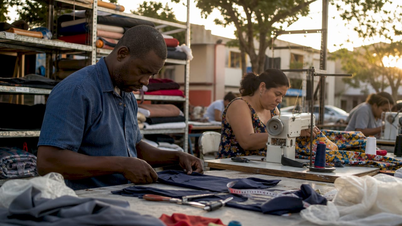 Workers performing bulk garment production tasks in factory