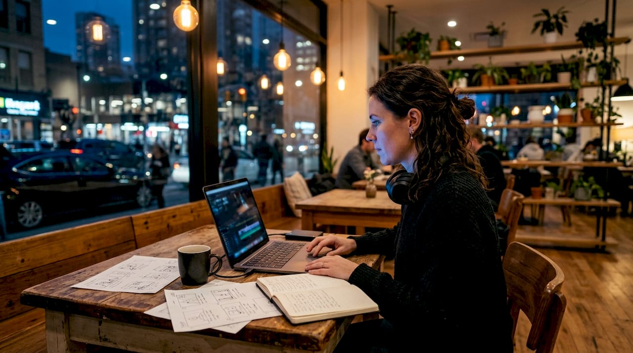Filmmaker editing specialty film at home studio