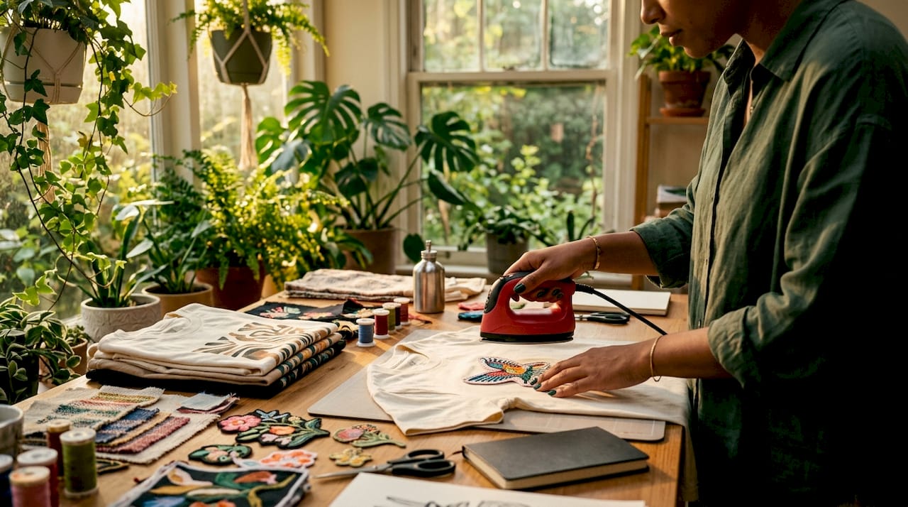 Hands applying embroidered patch in mixed-media decoration