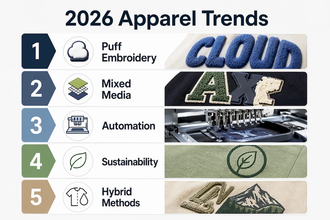 Infographic showing top apparel decoration trends for 2026