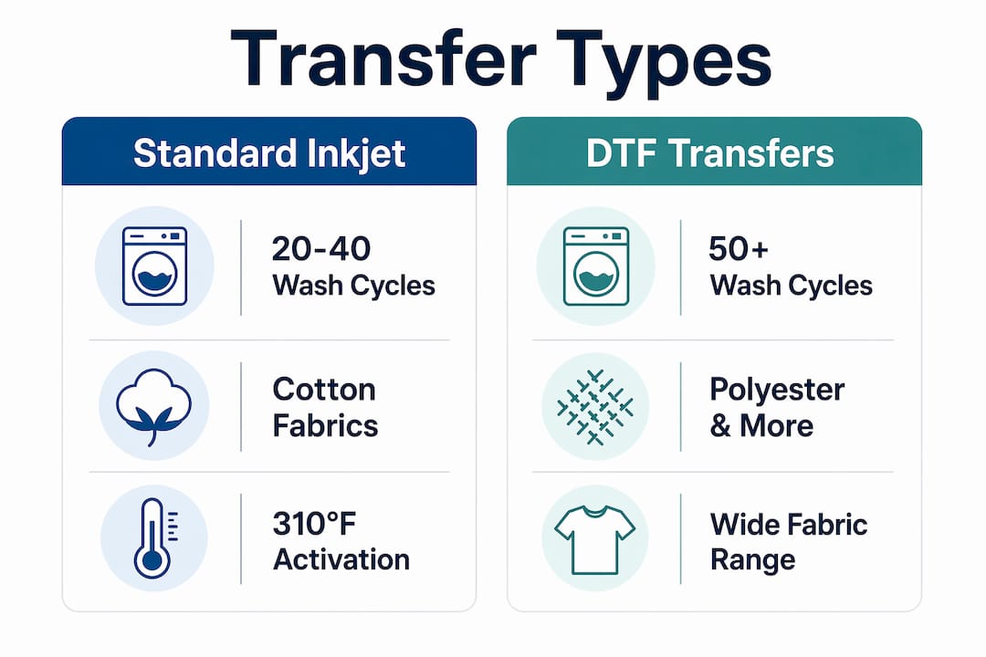 Infographic comparing inkjet and DTF home iron-on transfers durability