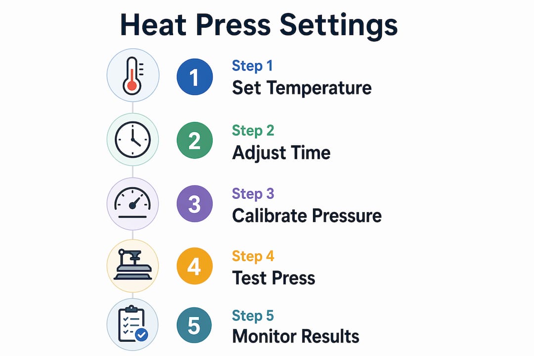 Infographic showing practical steps for heat press settings