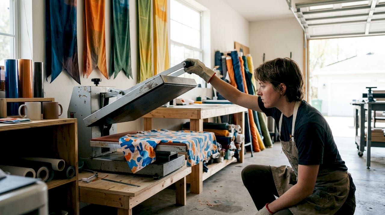 Hands adjusting pressure on heat press machine