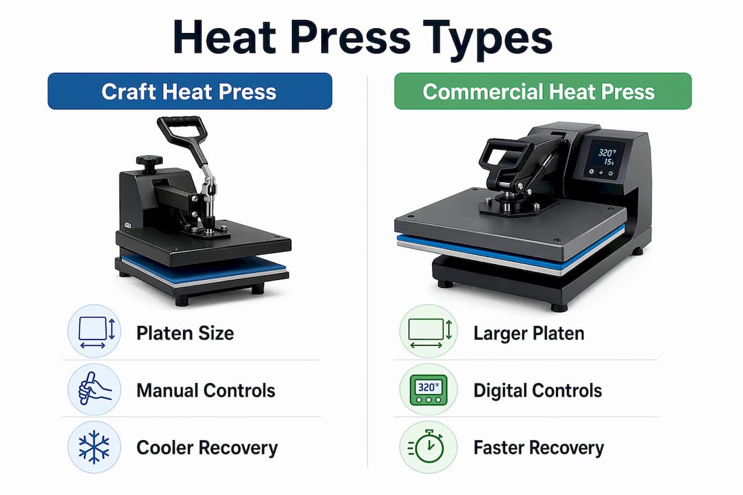 Infographic comparing craft and commercial heat presses