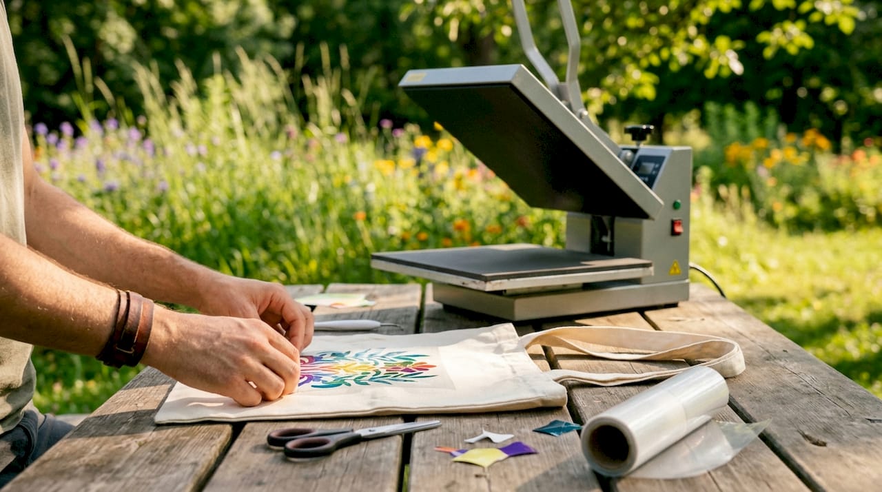 Hands prepping tote bag for heat press