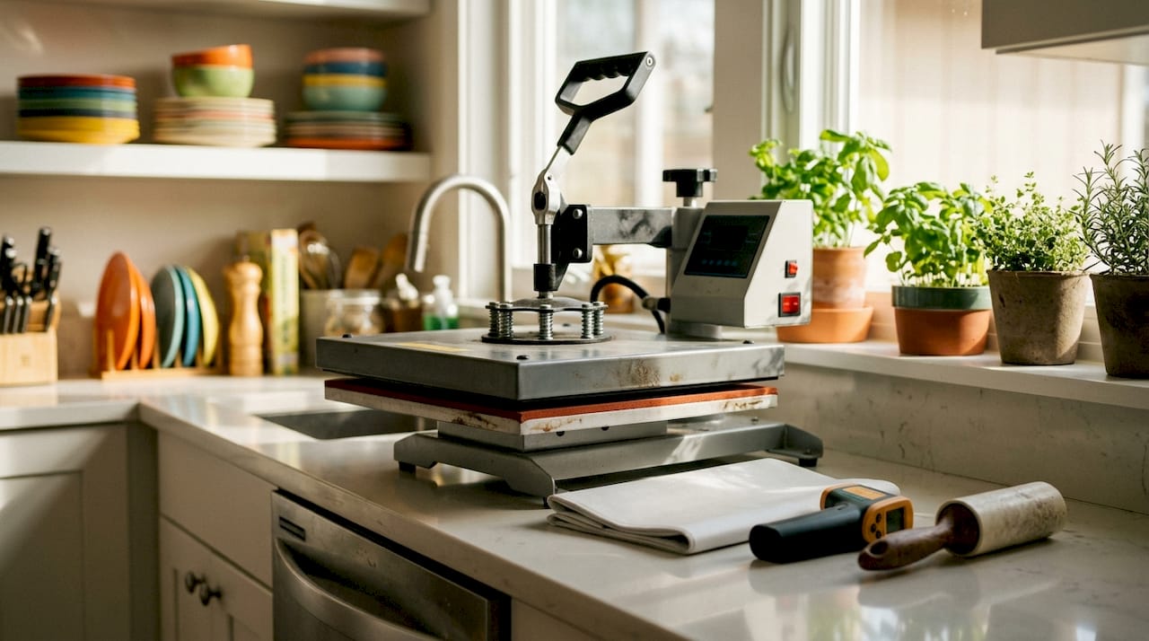 Heat press machine with accessories close-up