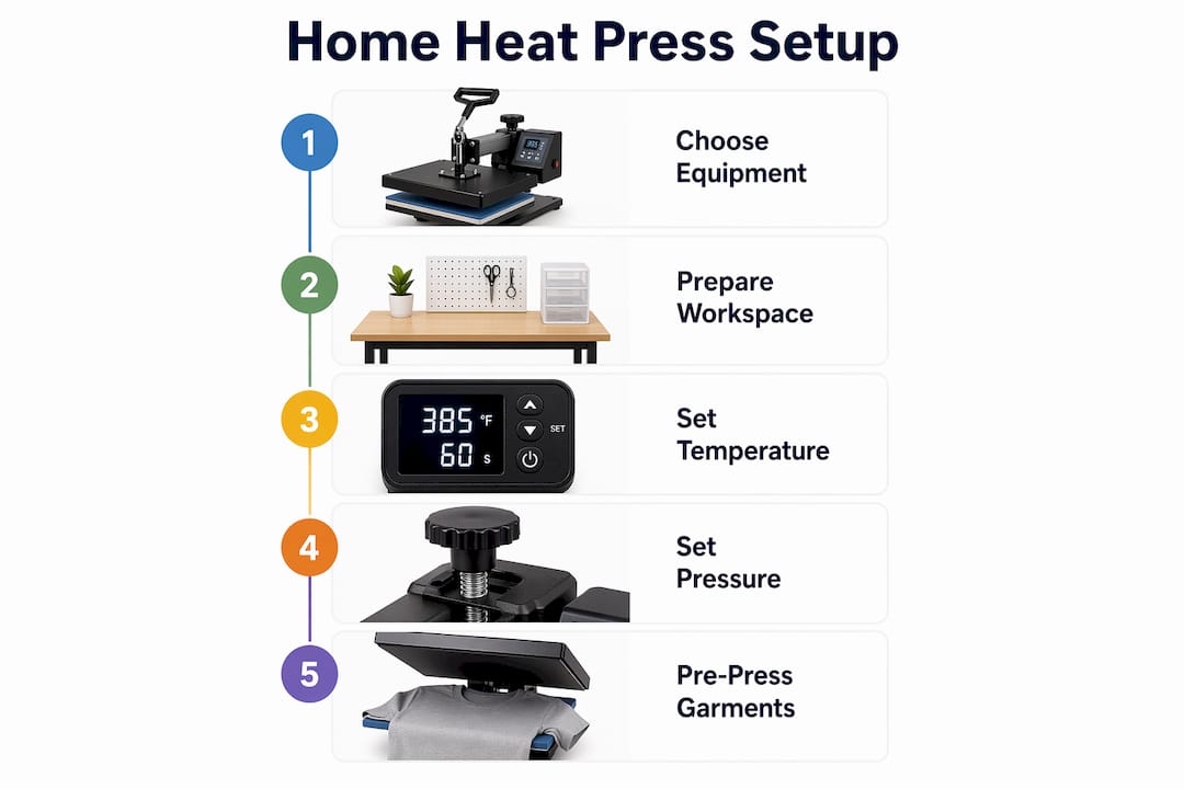 Infographic illustrating heat press setup steps