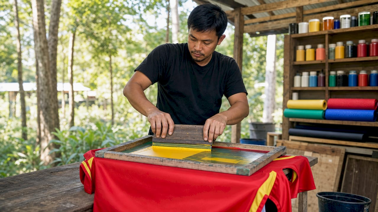 Hands screen printing on sports fabric